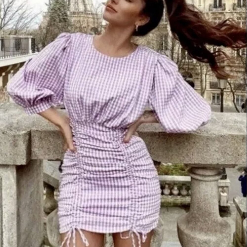 ZARA DRESS GINGHAM BALLON SLEEVES LILAC PASTEL PURPLE Size: Small NWT